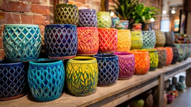 Colorful ceramic plant pots displayed on a wooden shelf.  Rows of vibrant, patterned pots in various colors.  A display of handcrafted ceramic containers, ideal for home d?cor