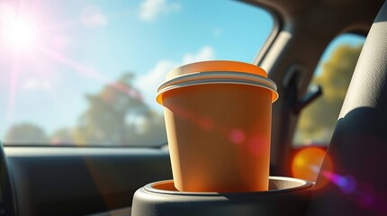 Coffee cup in car cup holder, sunny day view
