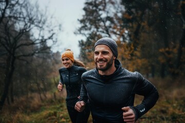 Glückliches Paar beim Joggen im Park an einem kalten Wintertag, Happy couple jogging in the park on a cold winter day