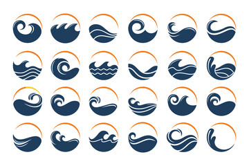 Water wave logo design. Wave shapes collection. Set of sea wave logo in blue . vector illustration