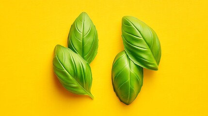 Obraz premium Three green leaves are on a yellow background. The leaves are arranged in a way that they look like they are about to be picked