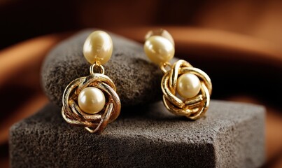 Elegant gold-toned pearl earrings on dark stones