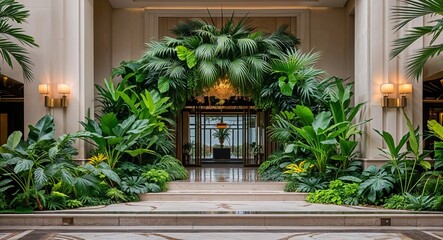 Exotic plants and greenery decorating the luxury hotel entrance background
