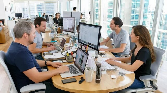 Team collaboration at Work: A productive atmosphere of collaborative teamwork unfolds within a modern office space, featuring people engrossed in their individual tasks