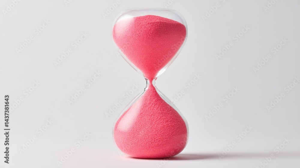 Poster pink sand timer with a clear glass body. the sand is falling out of the timer, indicating that time 