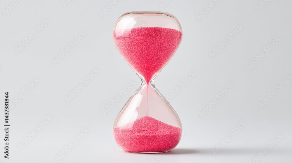 Poster pink sand timer with a heart shape. the sand timer is a symbol of time passing and the heart shape a