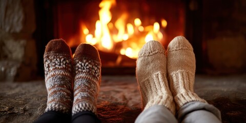 Cozy feet by a warm fireplace