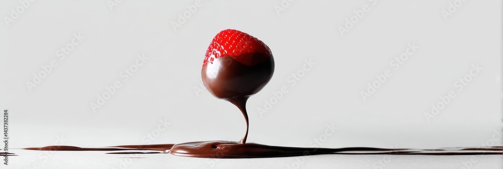 Poster Chocolate Dipped Strawberry Floating Above Melted Chocolate in a High-Key Setting With Bright Background