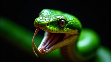 Fototapeta premium Green snake with mouth open aggressively