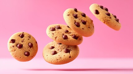 Close up of a pile of chocolate chip cookies. The cookies are flying through the air, with one cookie in the middle of the pile and the others scattered around it