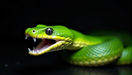 Fototapeta premium Green snake open mouth closeup