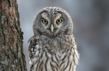 portrait of a Northern Hawk Owl perched on a tree branch