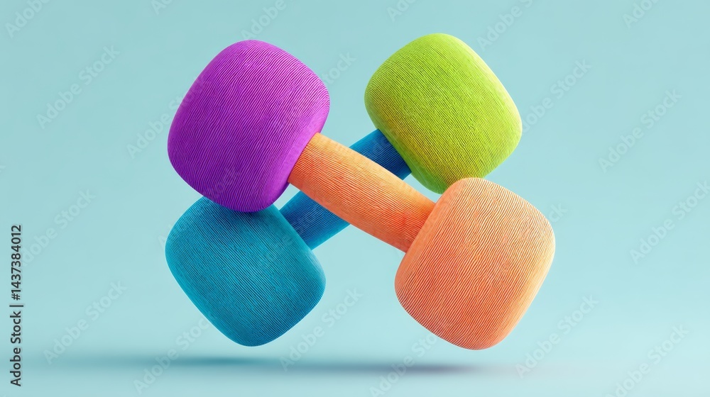 Poster colorful, multi-colored object with a blue background. the object is a pair of dumbbells, but they a