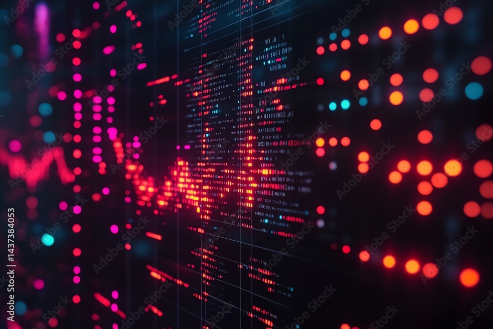 Poster digital code stream: glowing red and pink data flow