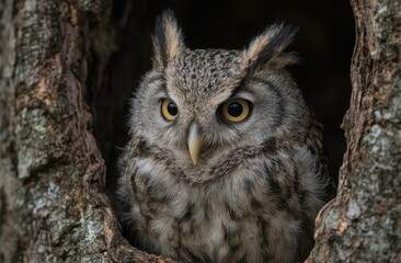 Obraz premium Portrait of an Eastern Screech-Owl nestled in a natural cavity of a tree