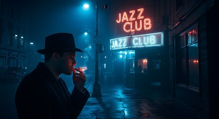 Night jazz club scene with man smoking cigarette in fedora hat on street with neon lights and moody atmosphere