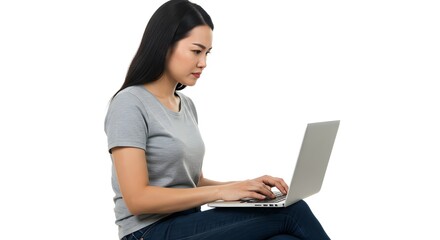 Asian woman using laptop computer for online work from home isolated on white background studio shot