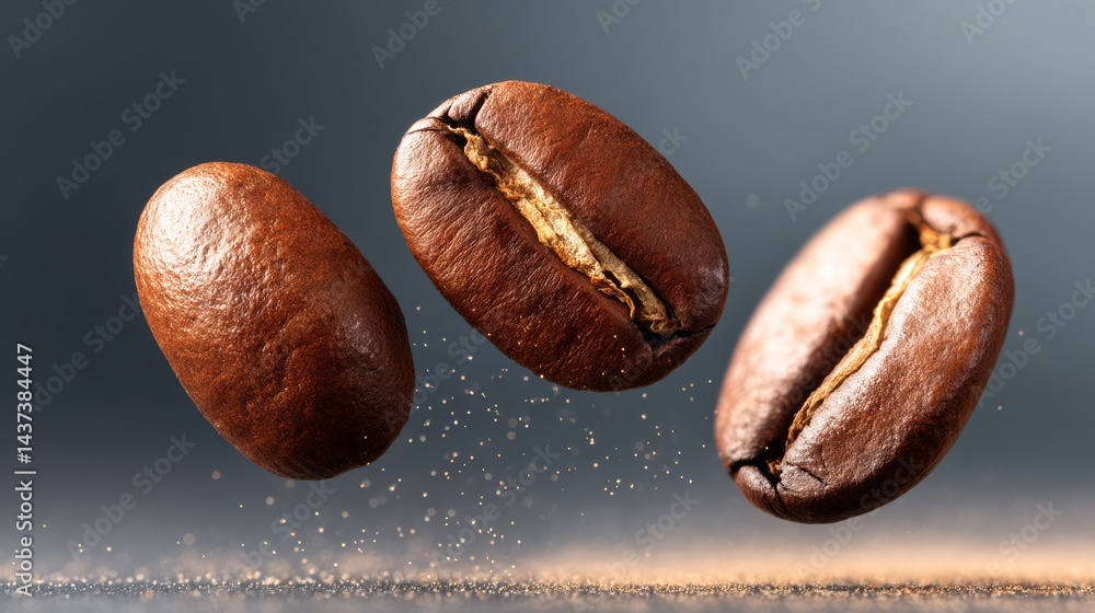 Poster three coffee beans are shown in the air, with one of them having a split in it. concept of motion an