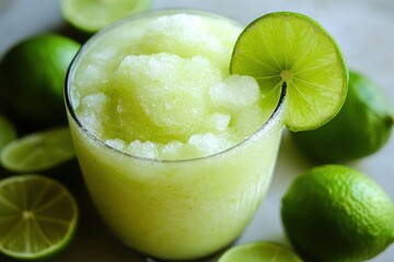 Fototapeta premium A tangy lime slushie made with lime juice, sugar, and crushed ice