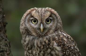 portrait of a Northern Hawk Owl perched on a tree branch