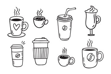 Coffee cups doodle set. coffee cup hand drawn line signs. Outline coffee cups