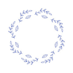 Mediterranean blue olive branches circle frame. Hand drawn round line border, leaves, wedding invitation and cards, logo design and posters template. Elegant minimal style floral