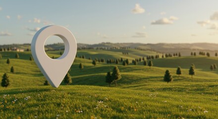Serene Landscape with 3D Location Pin: Discovering Peaceful Countryside Scenery