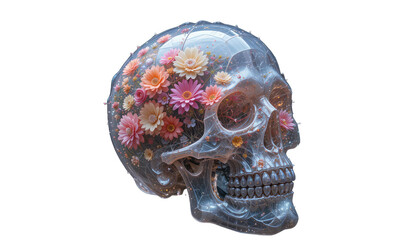Floral Skull Fusion &ndash; A Transparent Skull Filled with Vibrant Flowers Symbolizing Life and Mortality
