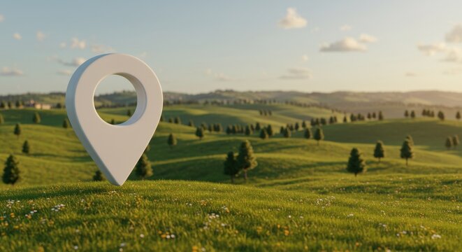 Serene Landscape with 3D Location Pin: Discovering Peaceful Countryside Scenery