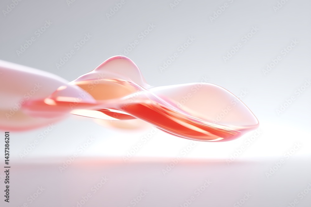 Poster abstract flowing red and pink wavy shape on a white background with soft lighting