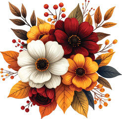 Fall-inspired watercolor bouquet with red, yellow, and white flowers surrounded by autumn foliage. A colorful autumn flower arrangement featuring bright red, yellow, and white blooms with leaves