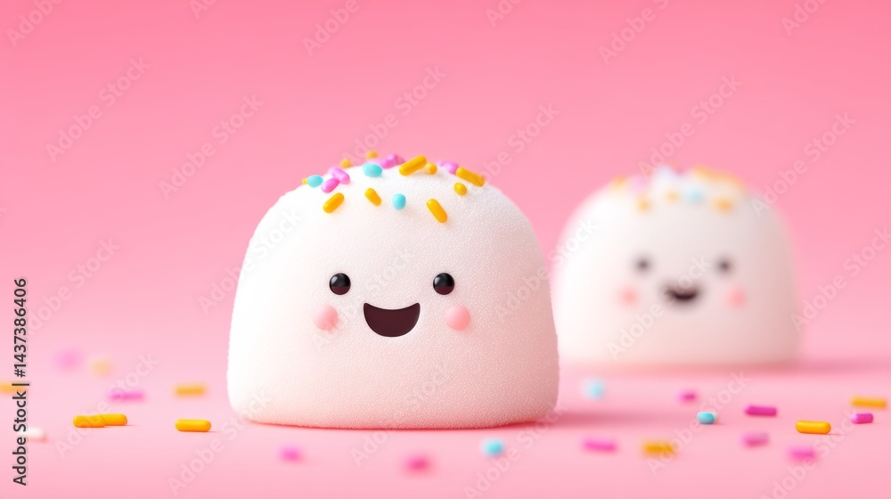 Poster cartoon character made of marshmallows is smiling and has sprinkles on it. the image has a playful a