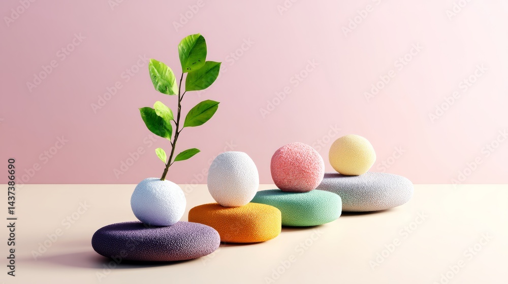 Poster row of colorful rocks with a green leaf in the middle. the rocks are arranged in a way that creates 