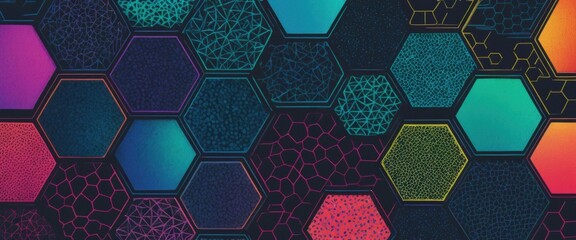 A vibrant hexagon pattern featuring an array of bright colors, including reds, blues, greens, and yellows, creating a lively and dynamic visual effect.