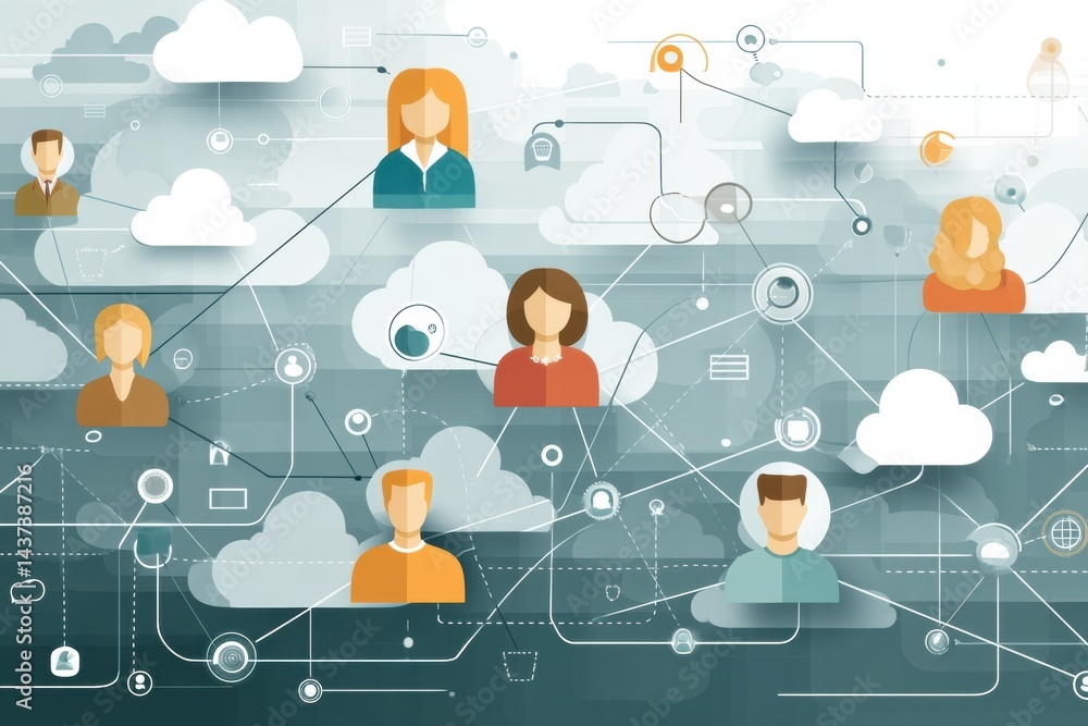 Leinwandbilder Connected Users in a Digital Network Represented by Cloud Icons Showcasing Modern Communication and Collaboration