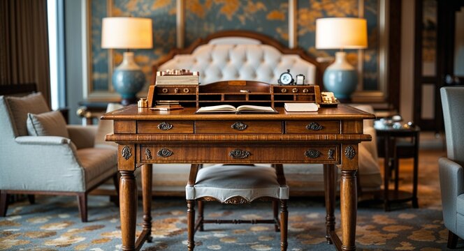 Handcrafted wooden writing desk in a luxury hotel room background