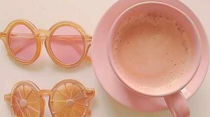 Delicate pastel aesthetics featuring sunglasses and a cup of frothy latte art