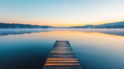 Fototapeta premium Serene lake view with a wooden dock at sunset.
