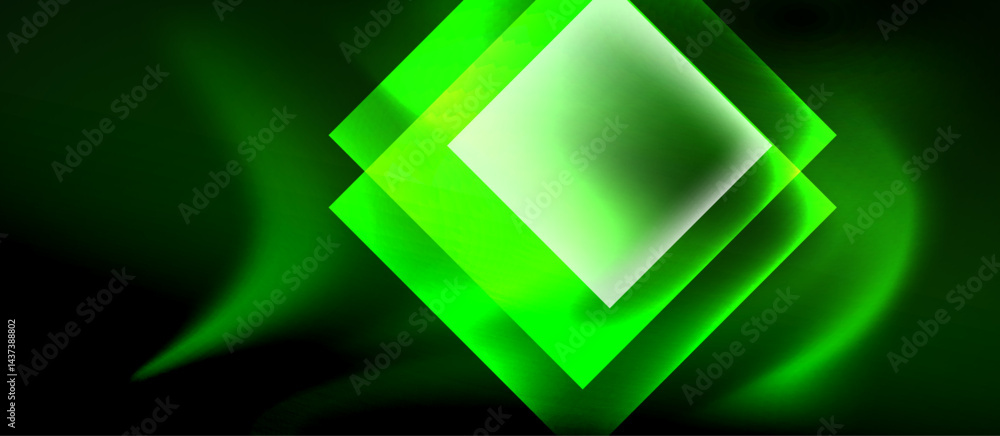 Poster abstract green shapes overlap, creating luminous diamond effect. dark background enhances vibrant gl