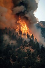 A dramatic vertical view of a massive wildfire consuming a dense pine forest, towering flames rising high above the trees, thick black and gray smoke billowing into the sky, intense orange glow 