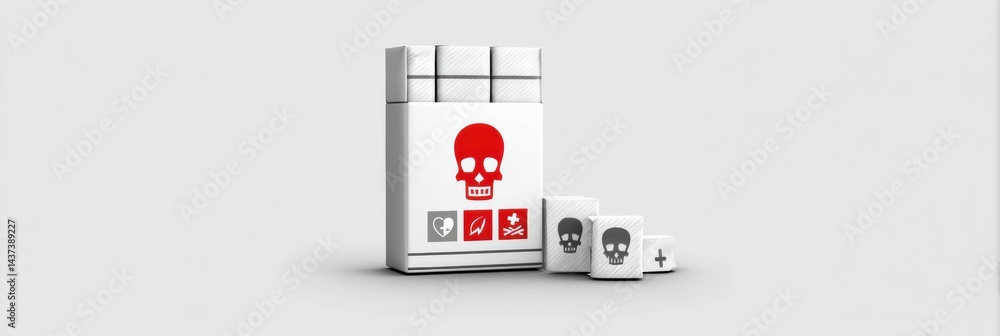 Poster skull-shaped cigarette pack with broken health symbols highlights danger of smoking in a minimalist 