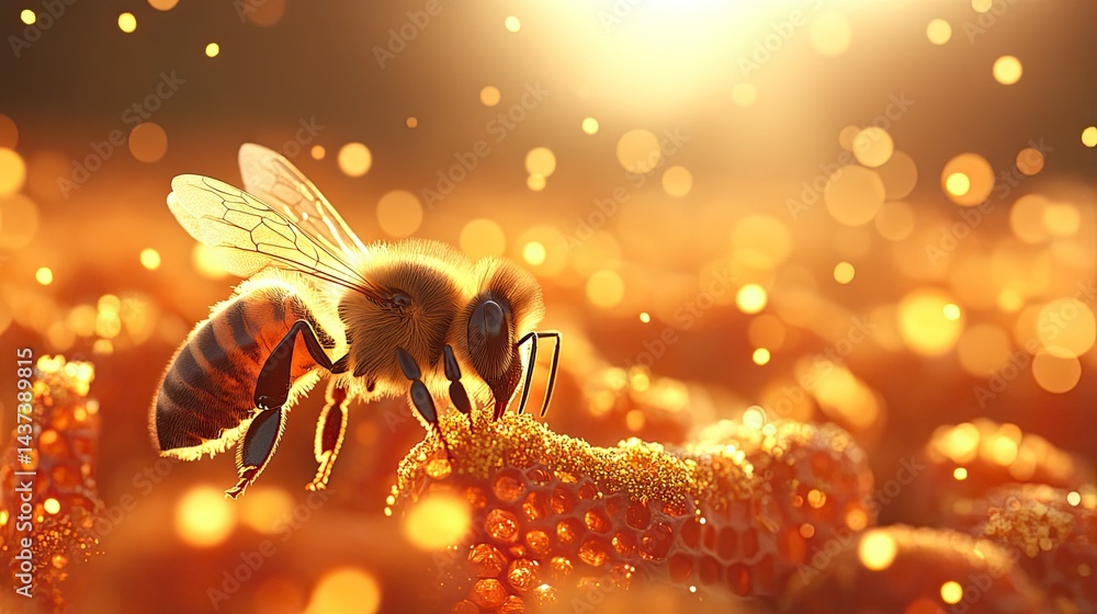 Poster close-up of a honeybee collecting pollen from honeycomb with a glimmering background