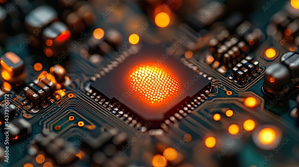 Poster close-up of a glowing fingerprint sensor on a circuit board.