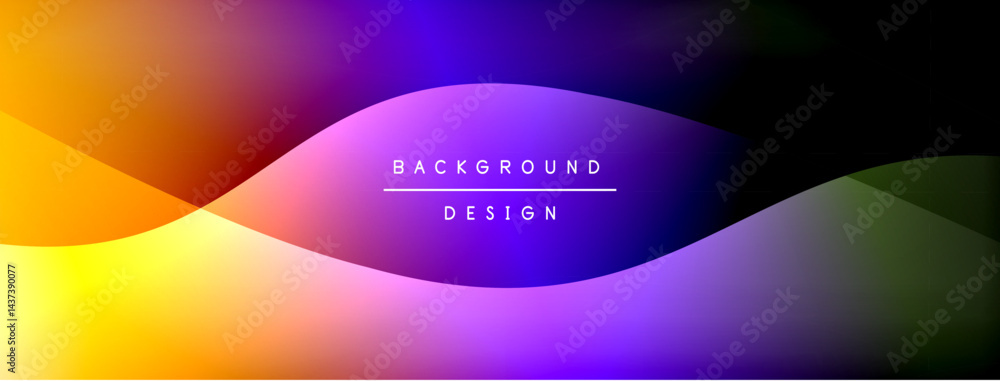 Poster Abstract gradient waves, vibrant colors blend smoothly. Purple, orange, yellow hues create dynamic visual effect. Text reads background design.