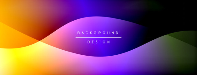 Abstract gradient waves, vibrant colors blend smoothly. Purple, orange, yellow hues create dynamic visual effect. Text reads background design.