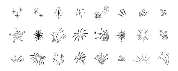 Set of cute fireworks line doodle elements. Lightning, explosion, sunburst, fireworks, bling, motion effects Party, birthday, anniversary and Christmas.