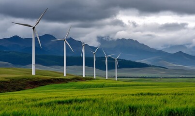 Wind turbines on a green field with mountains in the background, under a cloudy sky. Ideal for environmental themes, sustainable energy presentations, or nature photography
