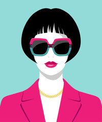 1556_Vector portrait of beautiful woman with bob haircut wearing fashionable sunglasses and elegant jacket