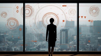 Fototapeta premium Business Strategist at Window Overlooking Urban Cityscape with Overlay