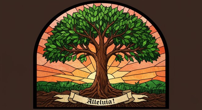 Intricate stained glass illustration of a stylized Tree of Life, its branches reaching upwards towards a light source. Roots visible below. A banner at the bottom contains the word "Alleluia!" 